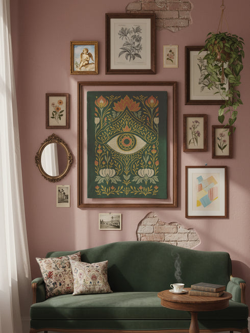 A 26x36 inch woven wall tapestry featuring a large, stylized all-seeing eye with a geometric, cathedral-like pupil. The eye is set on a moody dark green background, surrounded by a symmetrical, antique-style floral and foliage pattern in gold, cream, and red-orange. This vertical textile art evokes a dark academia, gothic, and mystical aesthetic. From a black owned shop.